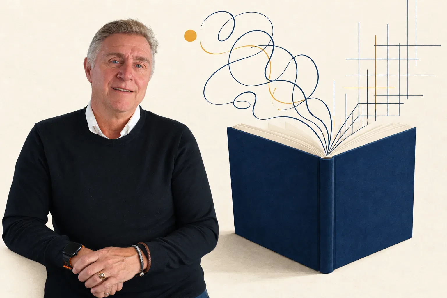 Darryl Finnell bredvid en uppslagen blå bok där ett fritt linjemönster möter ett strikt rutnät